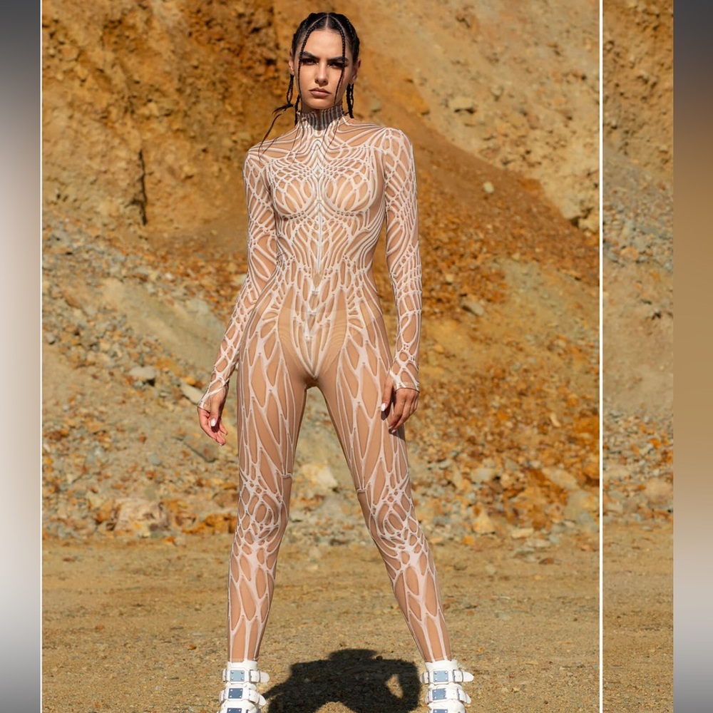 Sheer Nude and White Patterned Bodysuit